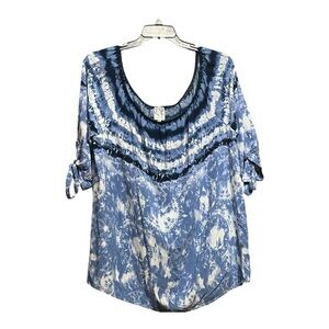NAIF Blue and White Tie Front 3/4 Sleeve Blouse 3X